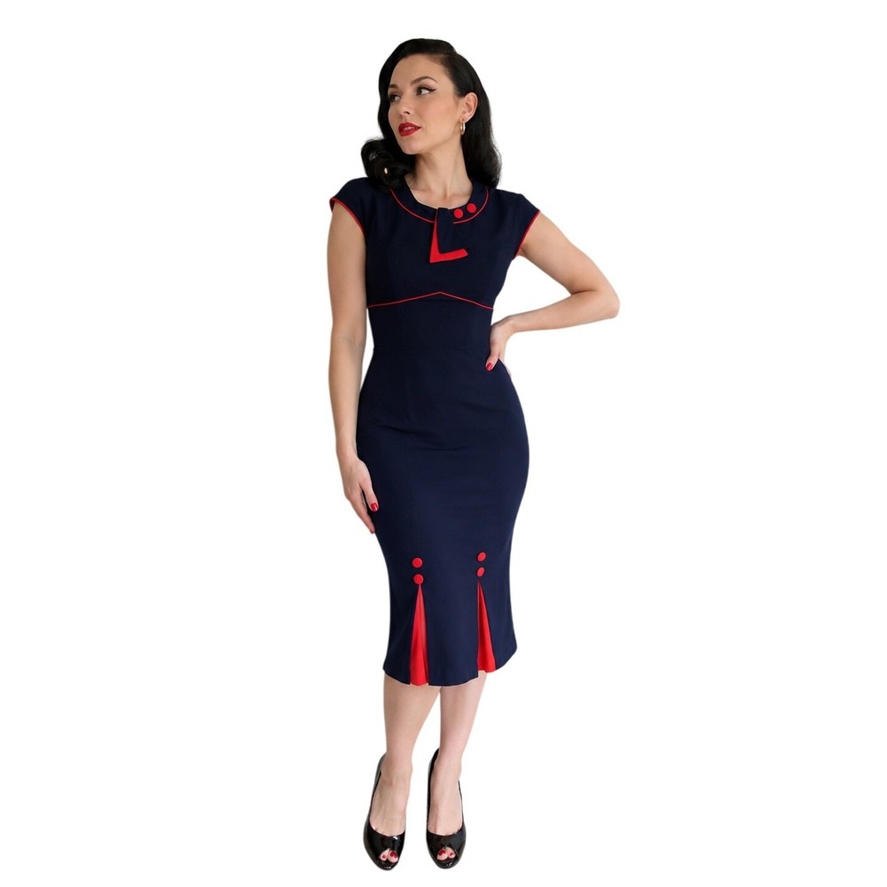 STOP STARING 30s Bombshell Wiggle Dress Rockabilly Pinup Navy Red L NEW